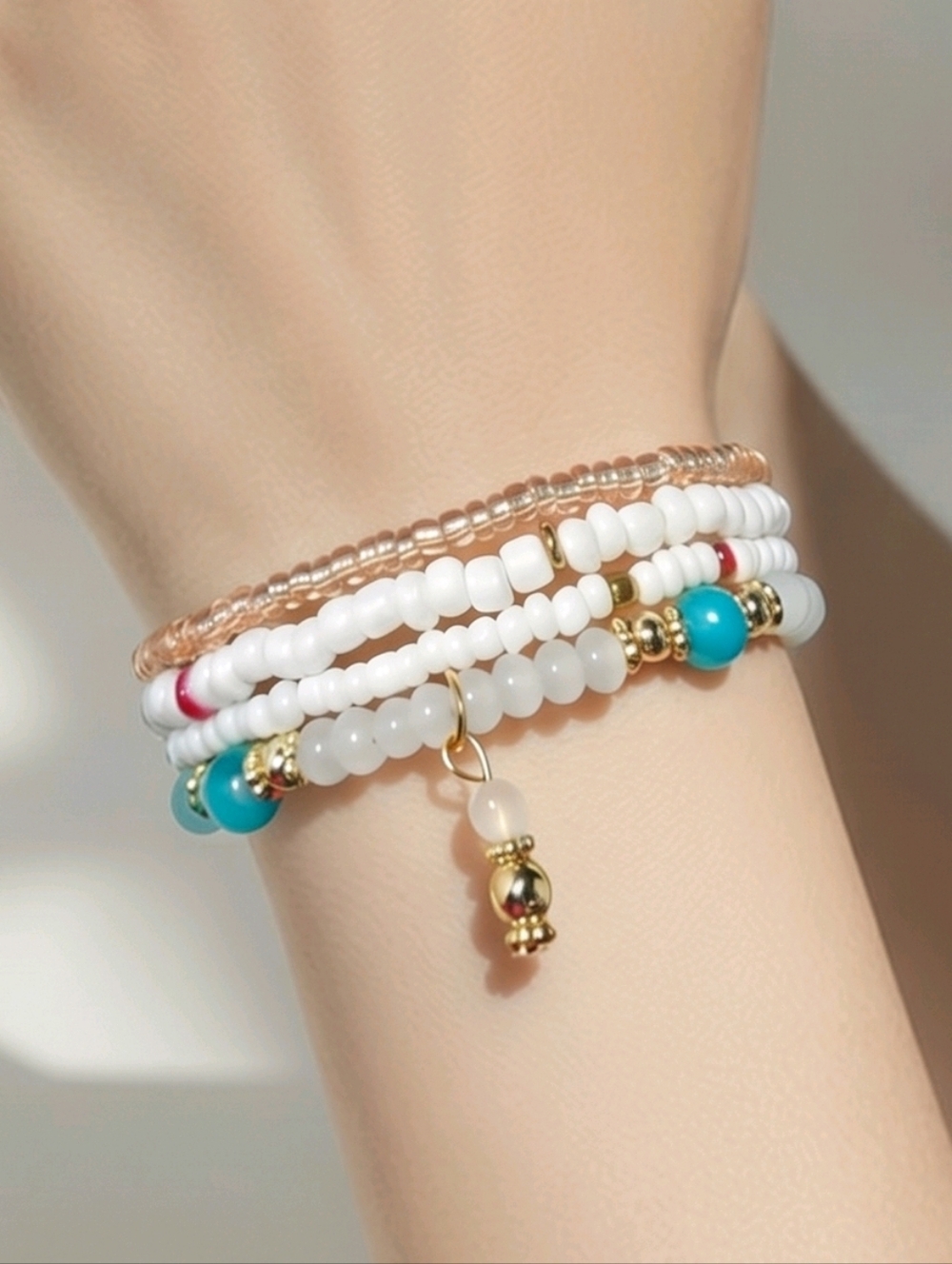 White Beaded Bracelet Stack Set Gold Charm Layered Stretch Bracelets Coastal